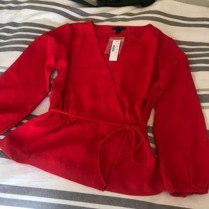 Red Long-sleeved Faux Wrap Top